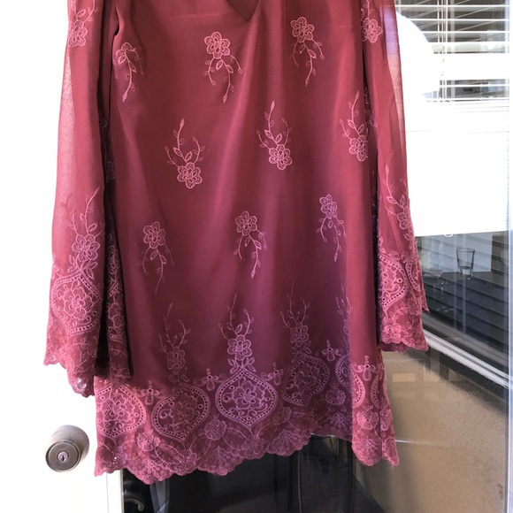 Wayf Burgundy Long Sleeve Short Dress with V neck - Picture 2 of 4